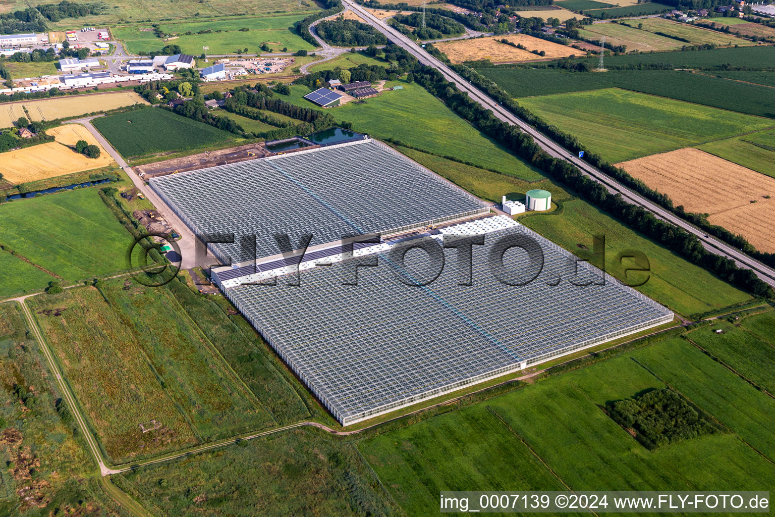 Vue aérienne de Zones de toit en verre dans les rangées de serres pour la culture de légumes chez Vitaromfrischgemüse GmbH à le quartier Braaken in Hemmingstedt dans le département Schleswig-Holstein, Allemagne