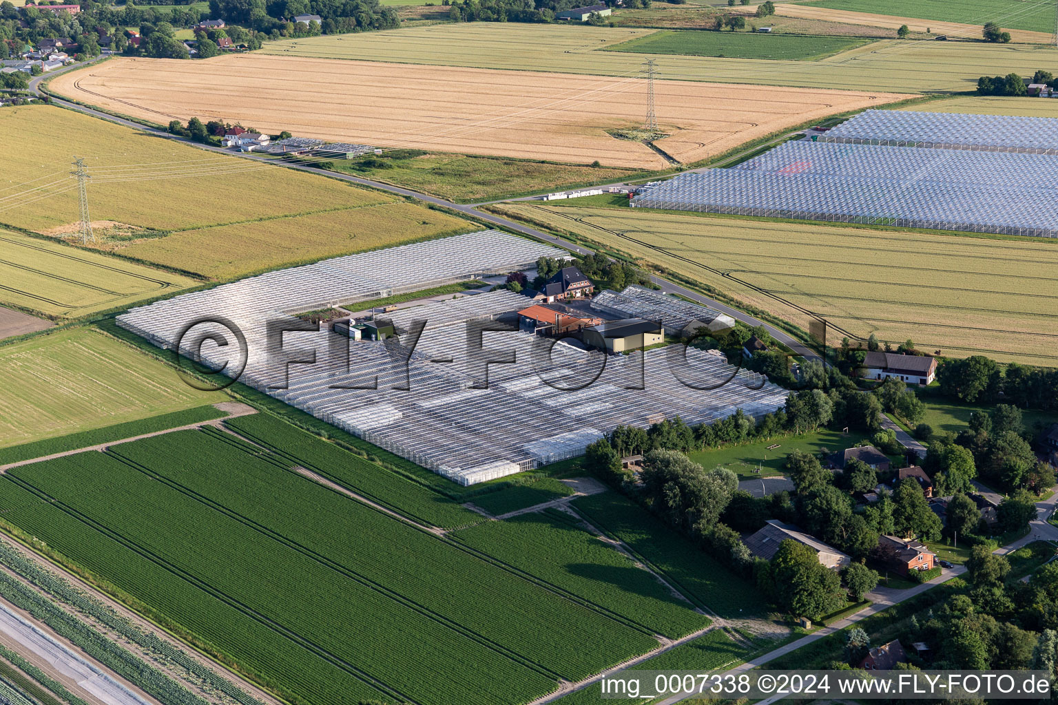 Vue aérienne de Zones de verrière dans les rangées de serres pour la culture de légumes par Diener Hermannerweide à le quartier Schülperweide in Schülp dans le département Schleswig-Holstein, Allemagne