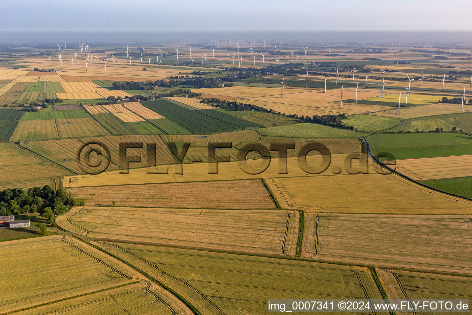 Vue aérienne de Parcs éoliens en mer du Nord à Flehde dans le département Schleswig-Holstein, Allemagne