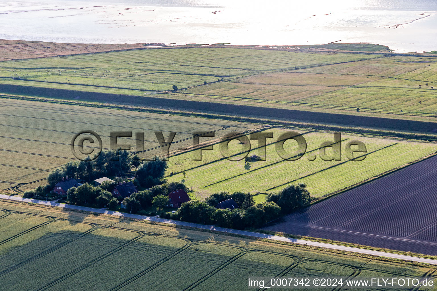 Anciennes cours des gardiens de digues sur la Schülpersieler Straße à Wesselburenerkoog dans le département Schleswig-Holstein, Allemagne du point de vue du drone