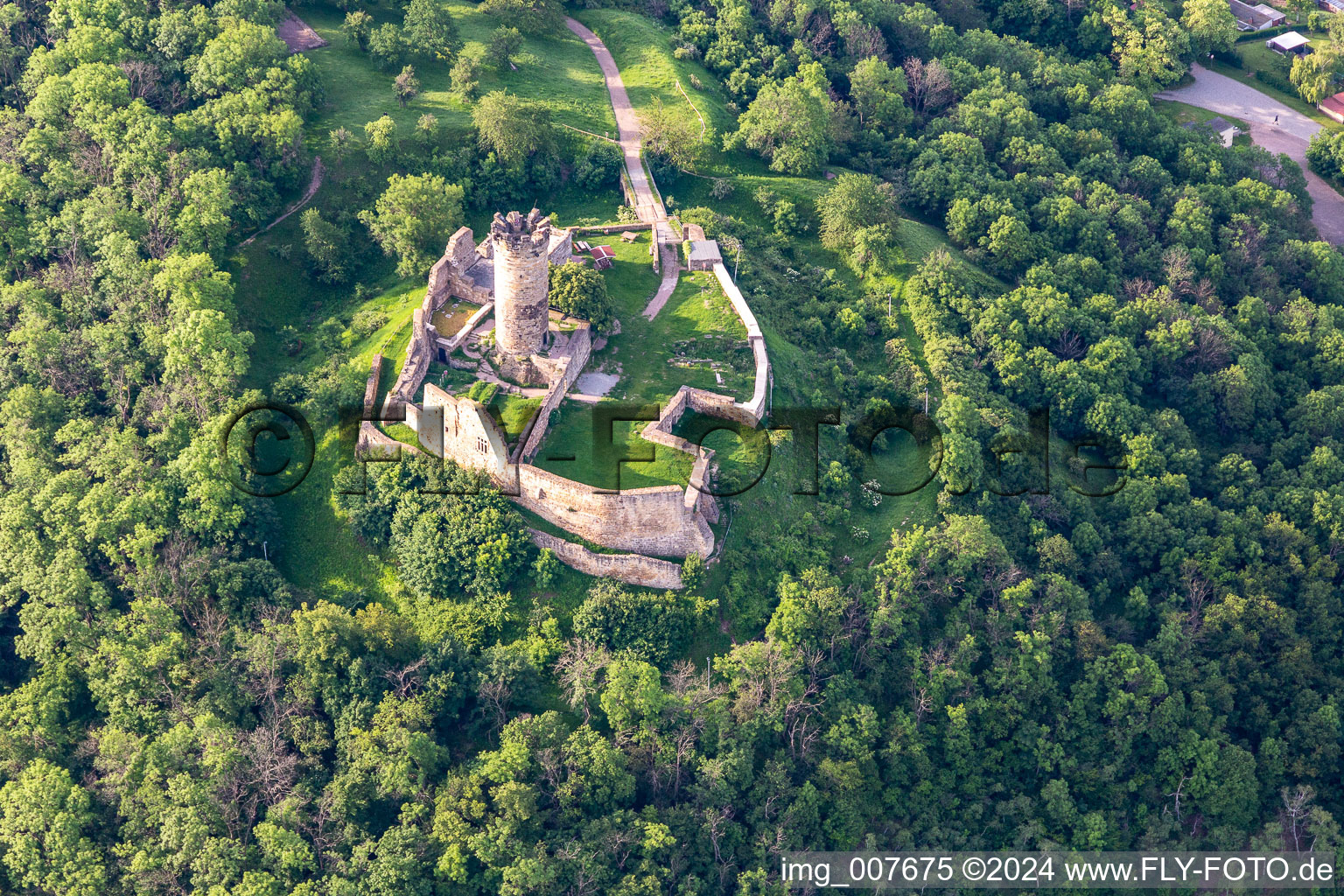 Vue aérienne de Ruines et vestiges des murs de l'ancien complexe du château et de la forteresse de Mühlburg à le quartier Mühlberg in Drei Gleichen dans le département Thuringe, Allemagne