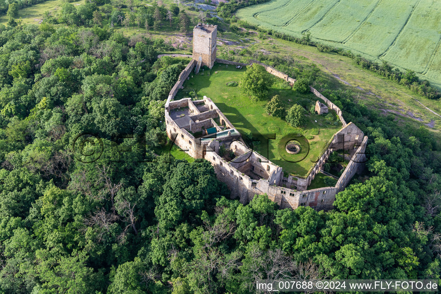 Vue oblique de Ruines et vestiges des murs de l'ancien complexe du château et de la forteresse du château de Gleichen, sur la Thomas-Müntzer-Straße à le quartier Wandersleben in Drei Gleichen dans le département Thuringe, Allemagne