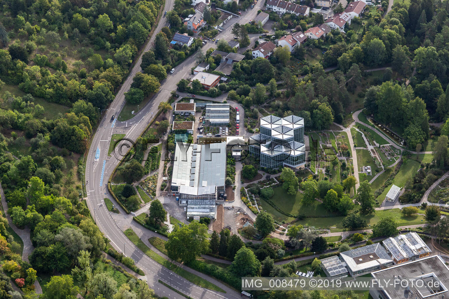 Vue aérienne de Tropicarium, Jardin Botanique Universitaire Tübingen à Tübingen dans le département Bade-Wurtemberg, Allemagne