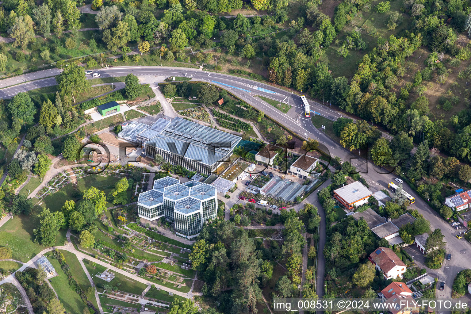 Vue aérienne de Parc en terrasses du Jardin Botanique, Tropicarium et Arboretum de l'Université Tübingen à Tübingen dans le département Bade-Wurtemberg, Allemagne