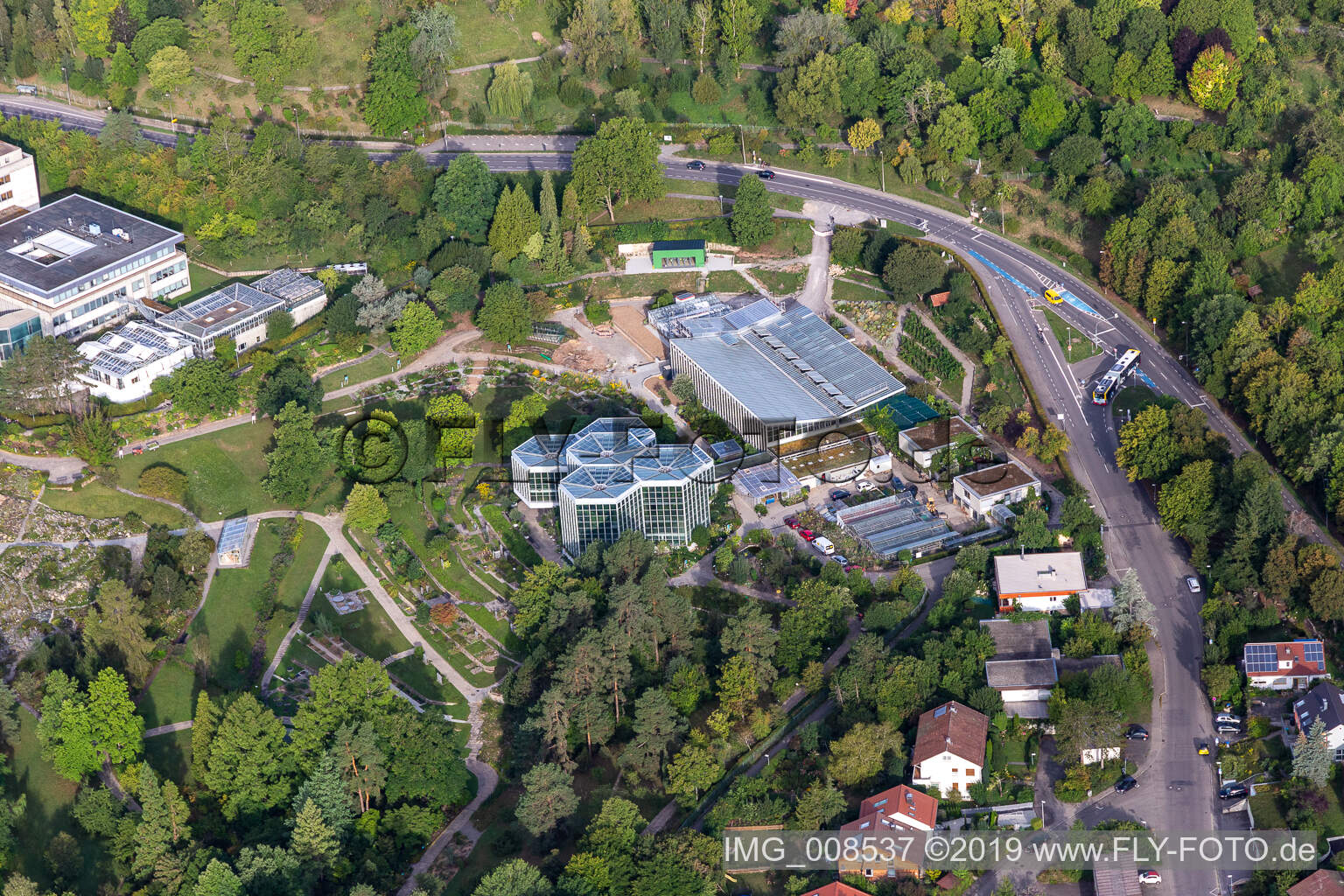 Vue aérienne de Tropicarium, Jardin Botanique Universitaire Tübingen à Tübingen dans le département Bade-Wurtemberg, Allemagne