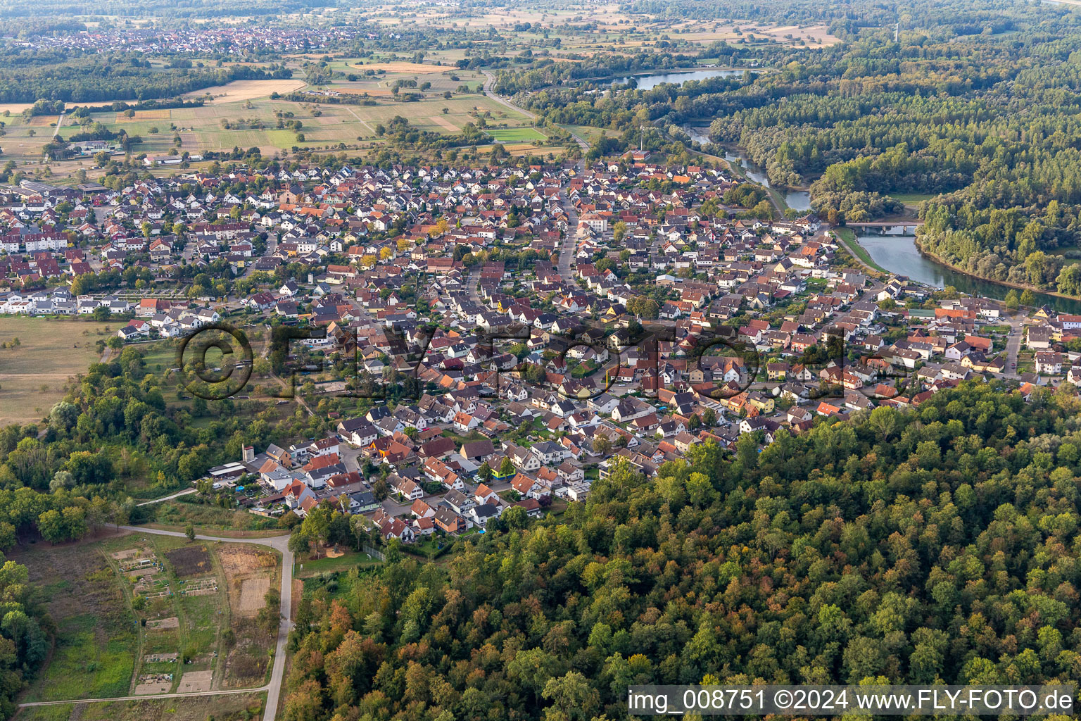 Vue aérienne de Zone des berges du Vieux Rhin - cours du fleuve en Plittersdorf à le quartier Plittersdorf in Rastatt dans le département Bade-Wurtemberg, Allemagne