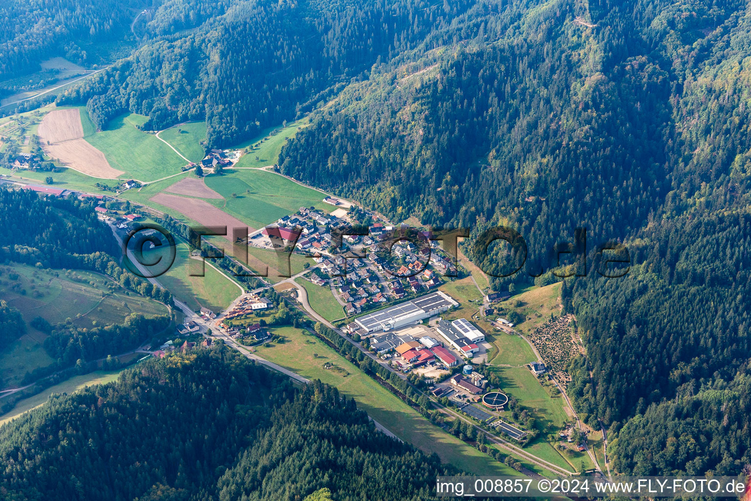 Vue aérienne de Zone commerciale de Höfle et implantation d'entreprises. Franz H. Bruder, Roland Erdrich à Höflie à le quartier Ramsbach in Oppenau dans le département Bade-Wurtemberg, Allemagne