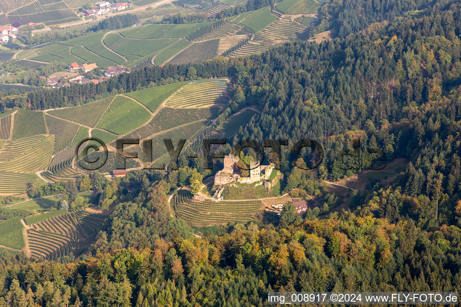 Vue aérienne de Ruines et vestiges de l'enceinte de l'ancien château de Schauenburg à le quartier Wolfhag in Oberkirch dans le département Bade-Wurtemberg, Allemagne