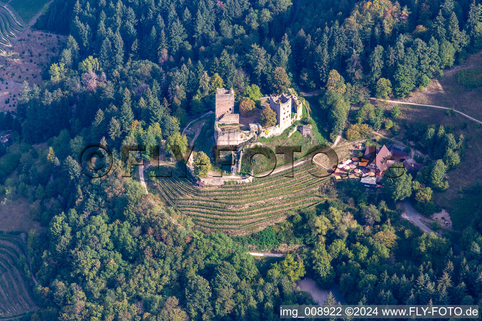 Vue aérienne de Ruines et vestiges de l'enceinte de l'ancien château de Schauenburg à le quartier Wolfhag in Oberkirch dans le département Bade-Wurtemberg, Allemagne