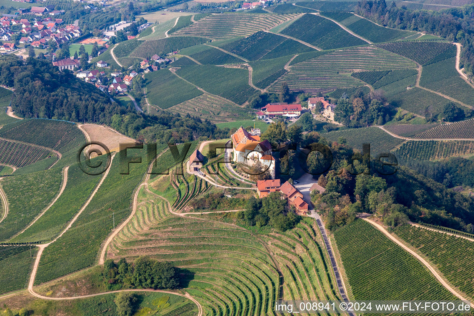 Photographie aérienne de Domaine viticole et restaurants du château de Staufenberg à le quartier Heimbach in Durbach dans le département Bade-Wurtemberg, Allemagne