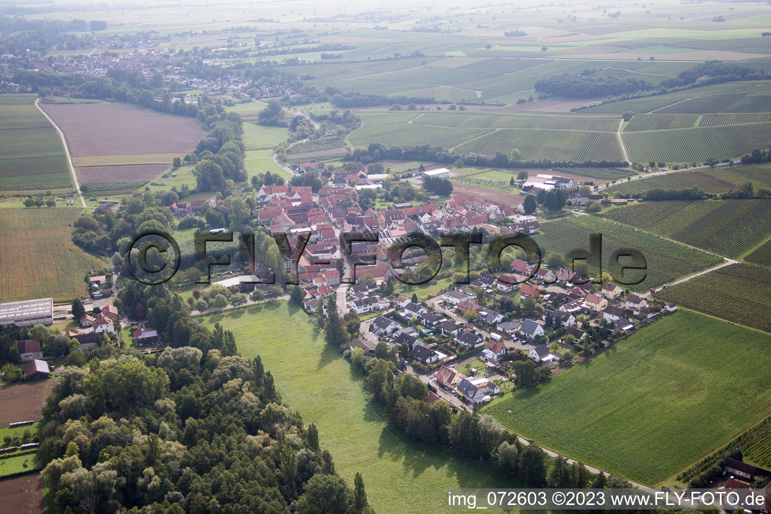 Vue aérienne de Klingbach à le quartier Klingen in Heuchelheim-Klingen dans le département Rhénanie-Palatinat, Allemagne