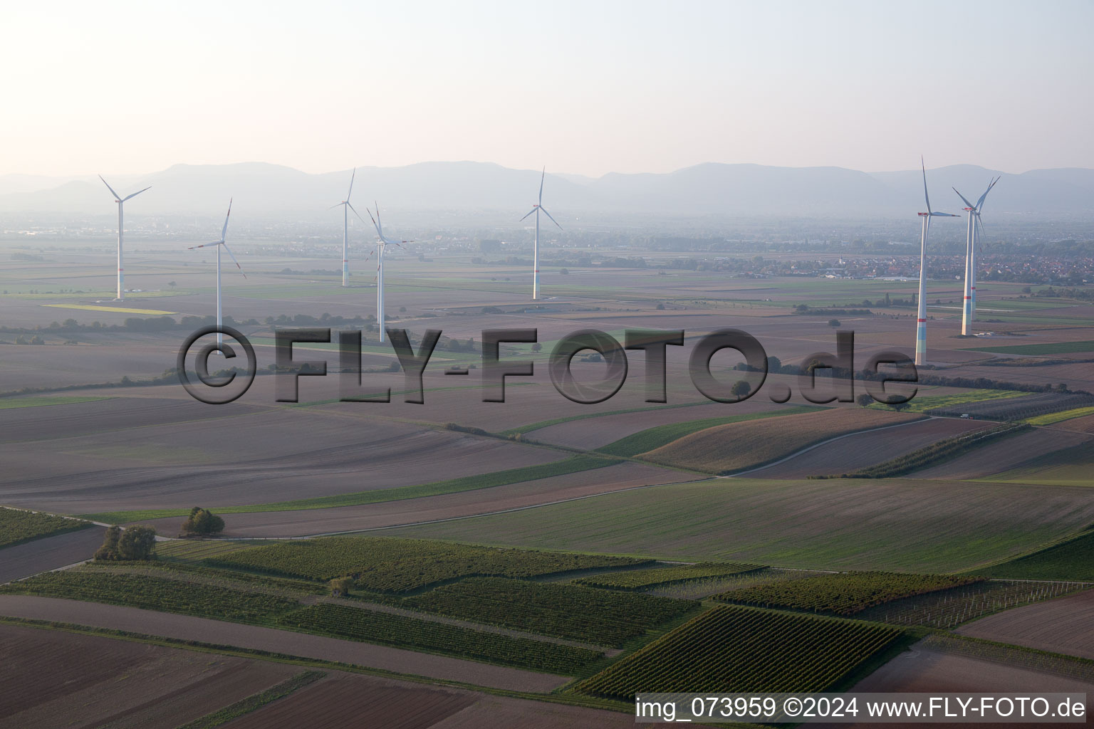 Vue aérienne de Parc éolien à Offenbach an der Queich dans le département Rhénanie-Palatinat, Allemagne