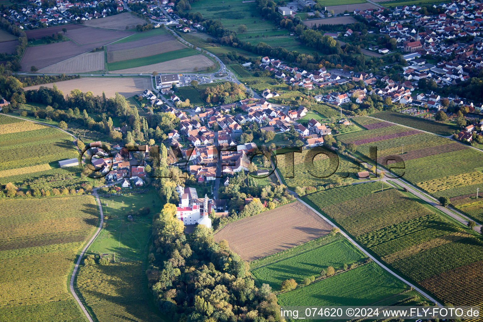 Vue aérienne de Vue des rues et des maisons des quartiers résidentiels à le quartier Appenhofen in Billigheim-Ingenheim dans le département Rhénanie-Palatinat, Allemagne