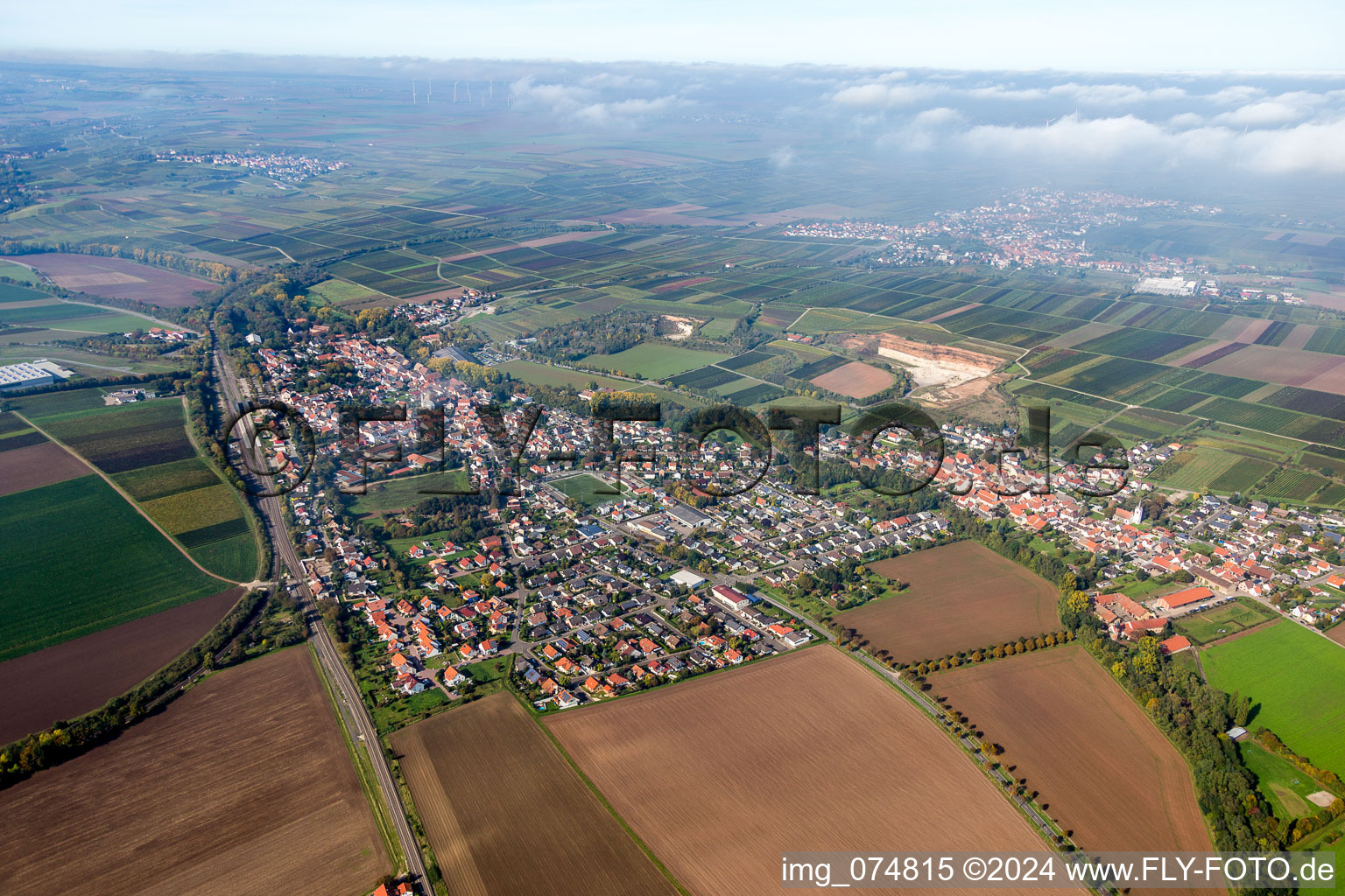 Vue aérienne de Champs agricoles et surfaces utilisables à Monsheim dans le département Rhénanie-Palatinat, Allemagne