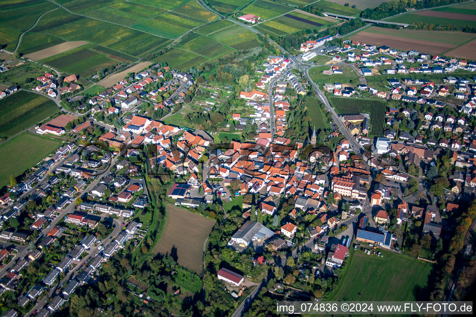 Vue aérienne de Vue des rues et des maisons des quartiers résidentiels à le quartier Asselheim in Grünstadt dans le département Rhénanie-Palatinat, Allemagne