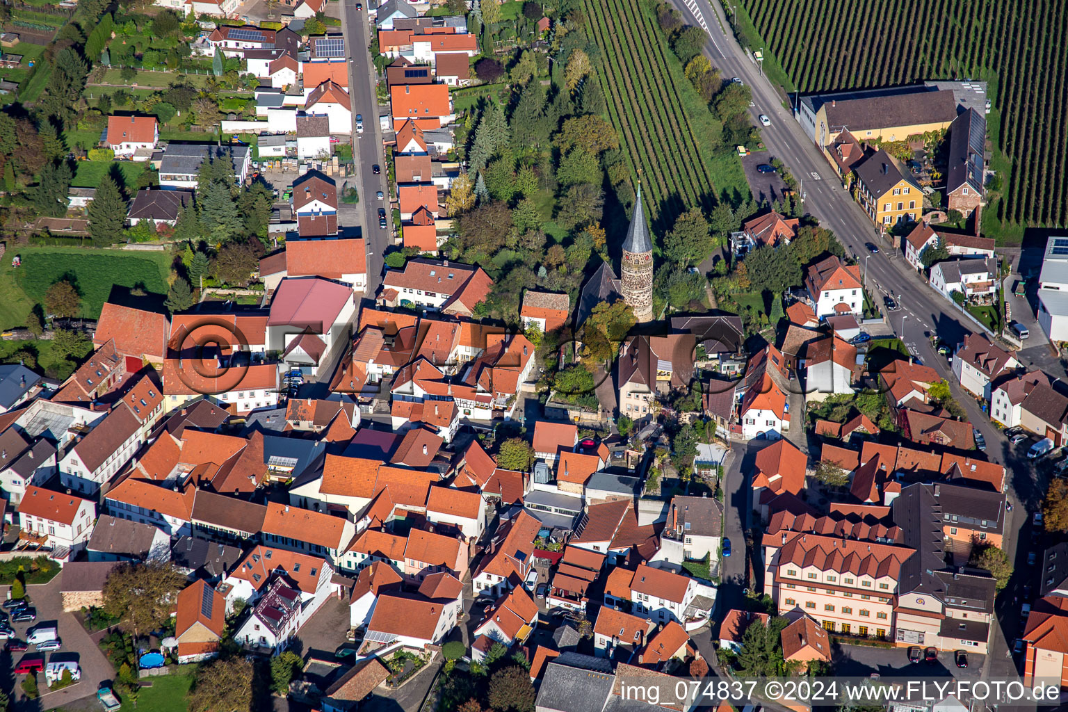 Vue aérienne de Église protestante Elisabethen à le quartier Asselheim in Grünstadt dans le département Rhénanie-Palatinat, Allemagne