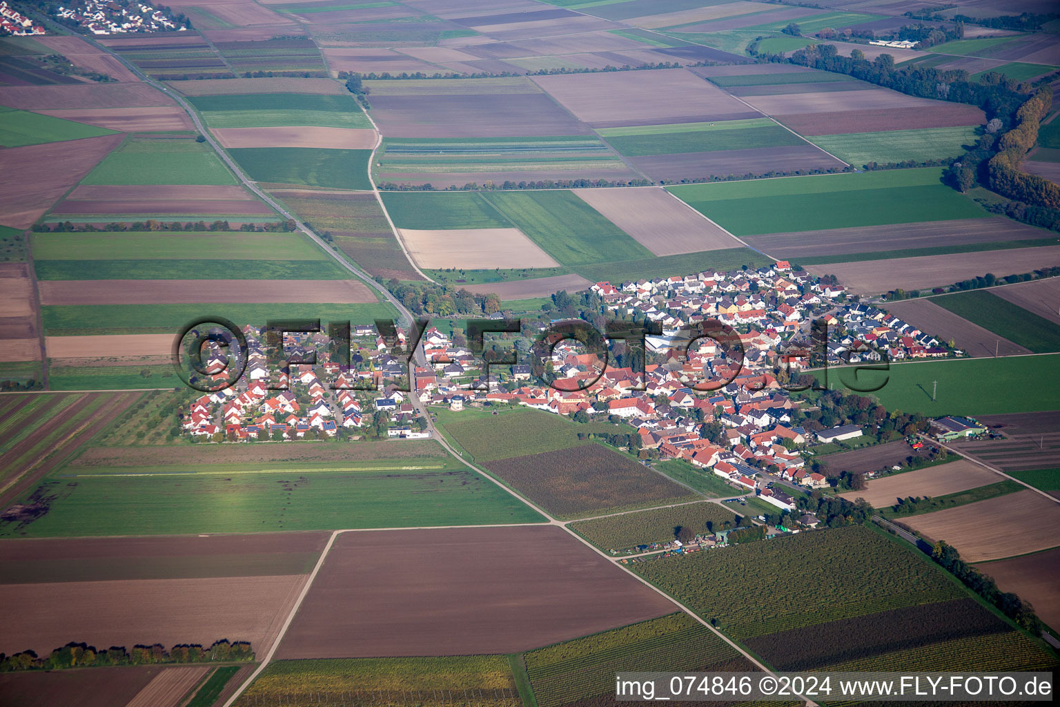 Vue aérienne de Champs agricoles et surfaces utilisables à Kleinniedesheim dans le département Rhénanie-Palatinat, Allemagne