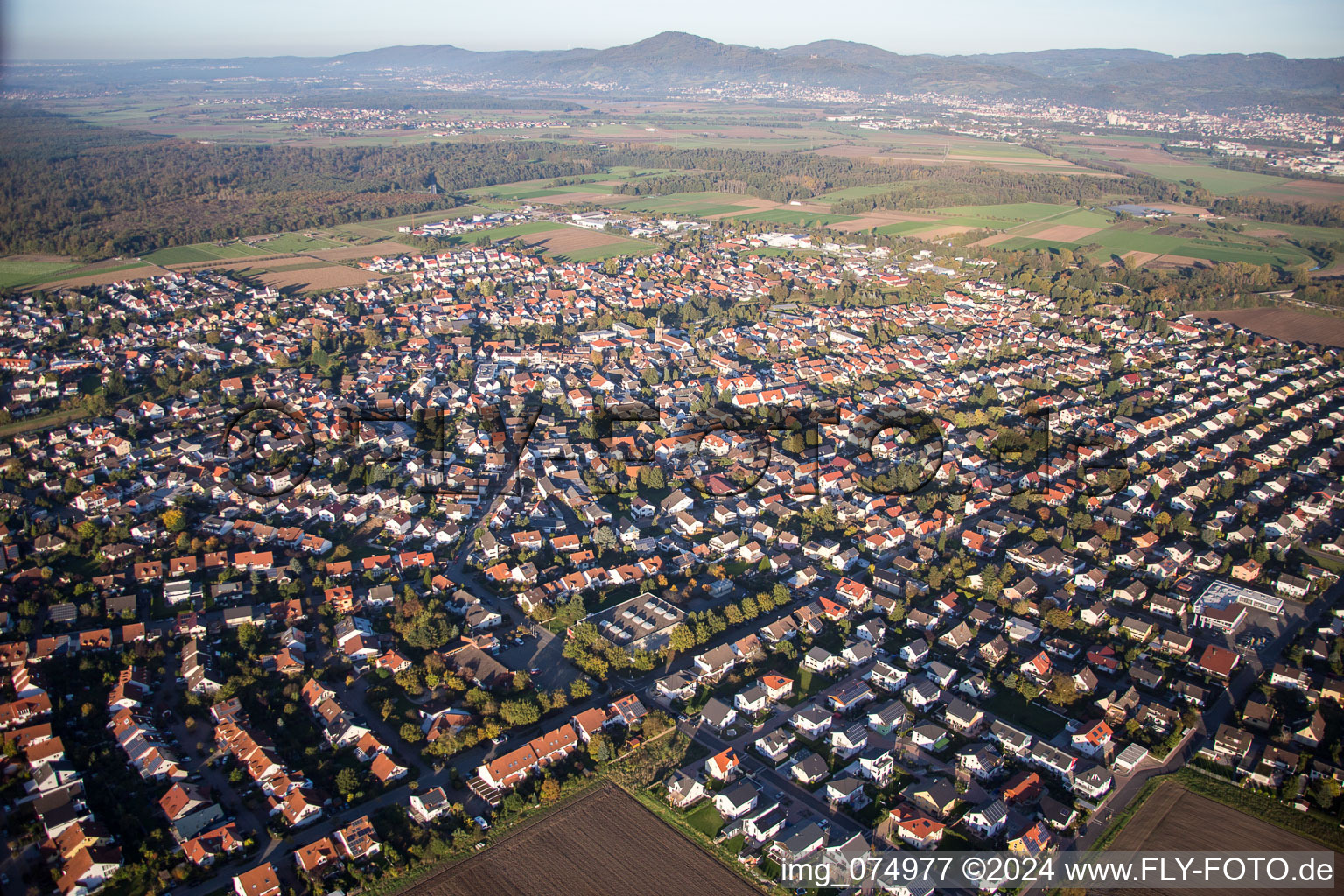 Vue aérienne de Vue des rues et des maisons des quartiers résidentiels à Lorsch dans le département Hesse, Allemagne