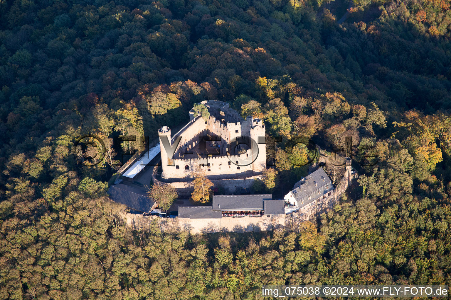 Vue aérienne de Ruines et vestiges des murs de l'ancien complexe du château et de la forteresse Auerbach de Schloss Auerbach GmbH dans le quartier d'Alsbach à Alsbach-Hähnlein à le quartier Auerbach in Bensheim dans le département Hesse, Allemagne