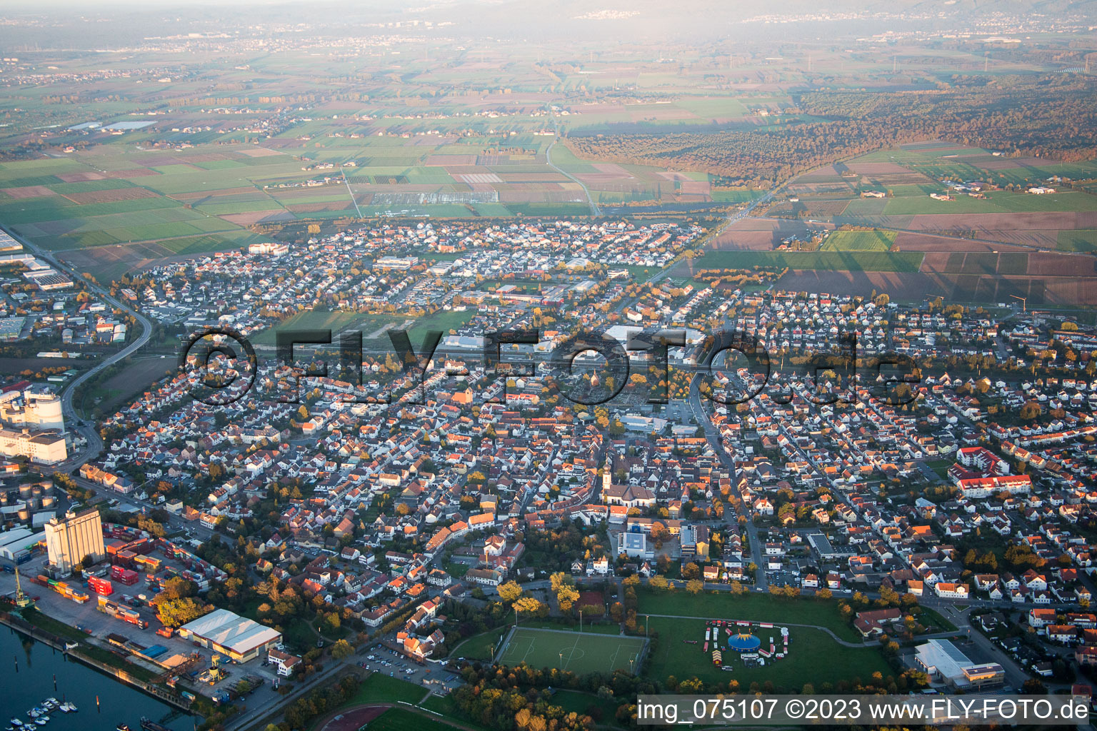 Gernsheim dans le département Hesse, Allemagne du point de vue du drone