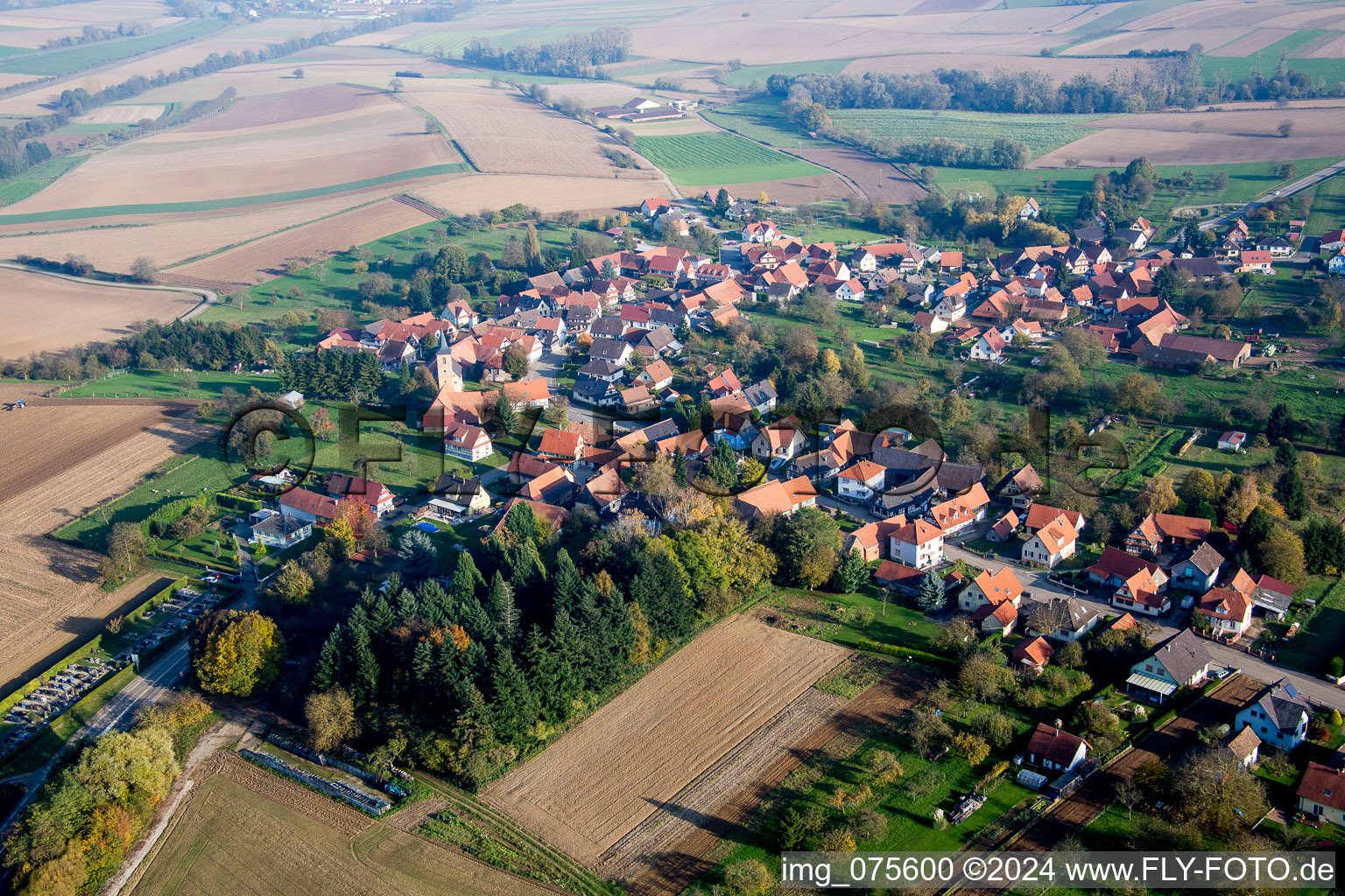 Vue aérienne de Champs agricoles et surfaces utilisables à Soultz-sous-Forêts dans le département Bas Rhin, France