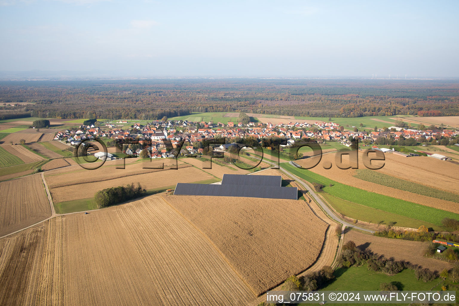 Vue aérienne de Niederlauterbach dans le département Bas Rhin, France