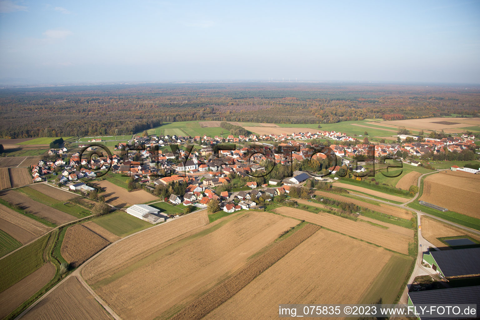 Vue aérienne de Niederlauterbach dans le département Bas Rhin, France