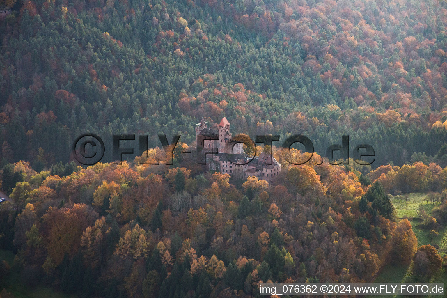 Vue aérienne de Erlenbach, château de Berwartstein à Erlenbach bei Dahn dans le département Rhénanie-Palatinat, Allemagne