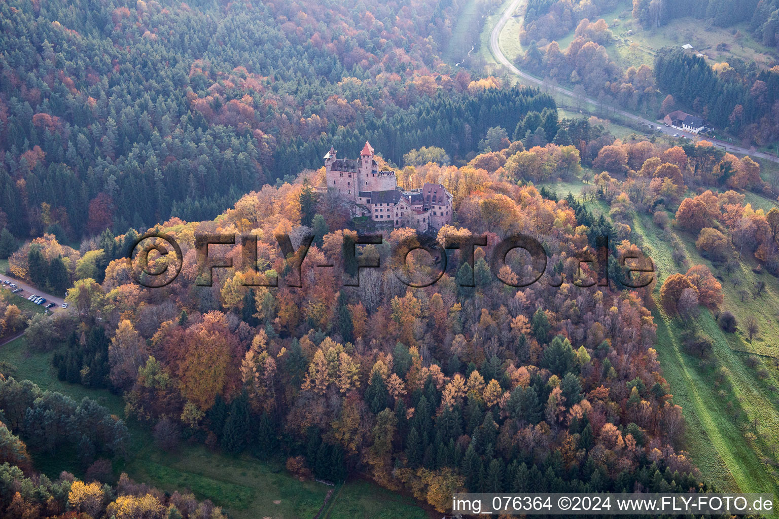 Photographie aérienne de Erlenbach, château de Berwartstein à Erlenbach bei Dahn dans le département Rhénanie-Palatinat, Allemagne