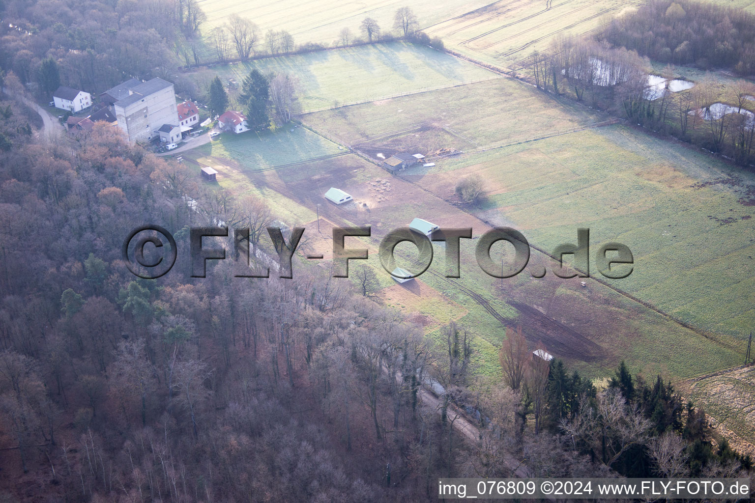 Photographie aérienne de Otterbachtal, ferme de poulets bio au Hahnmühle à Kandel dans le département Rhénanie-Palatinat, Allemagne