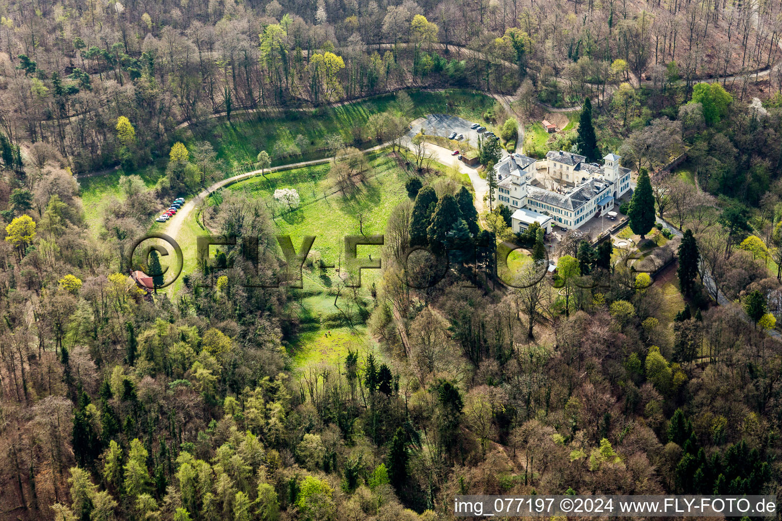 Vue aérienne de La gastronomie d'Annette au château Heiligenberg à Jugenheim à Seeheim-Jugenheim dans le département Hesse, Allemagne