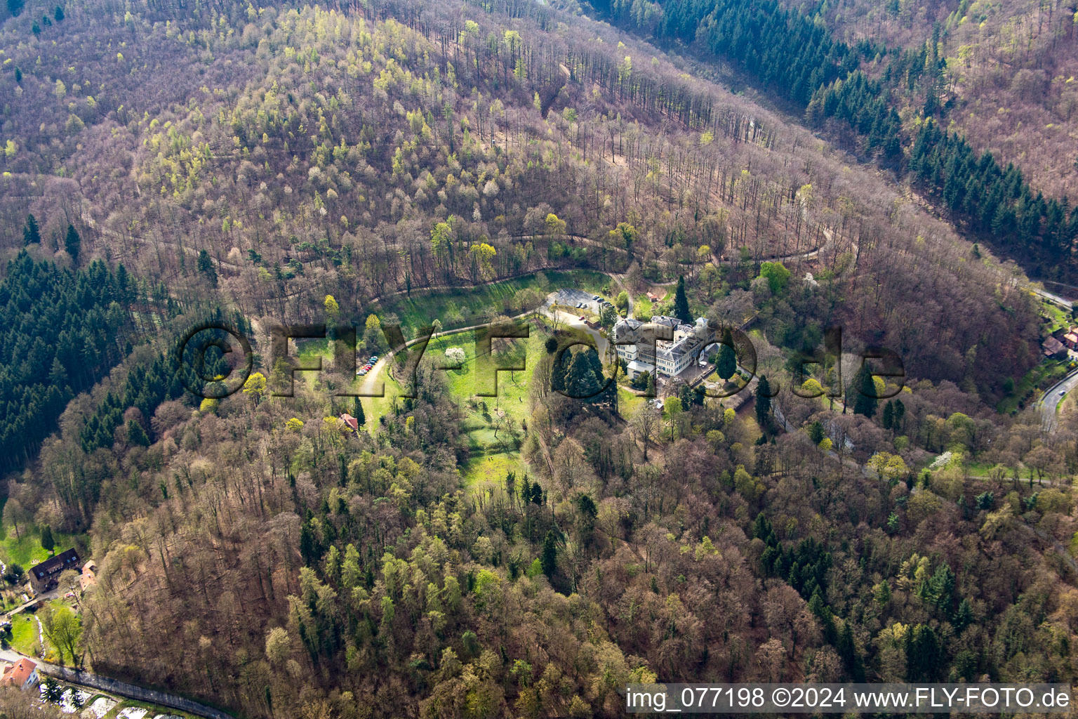 Vue aérienne de La gastronomie d'Annette au château Heiligenberg à Jugenheim à Seeheim-Jugenheim dans le département Hesse, Allemagne