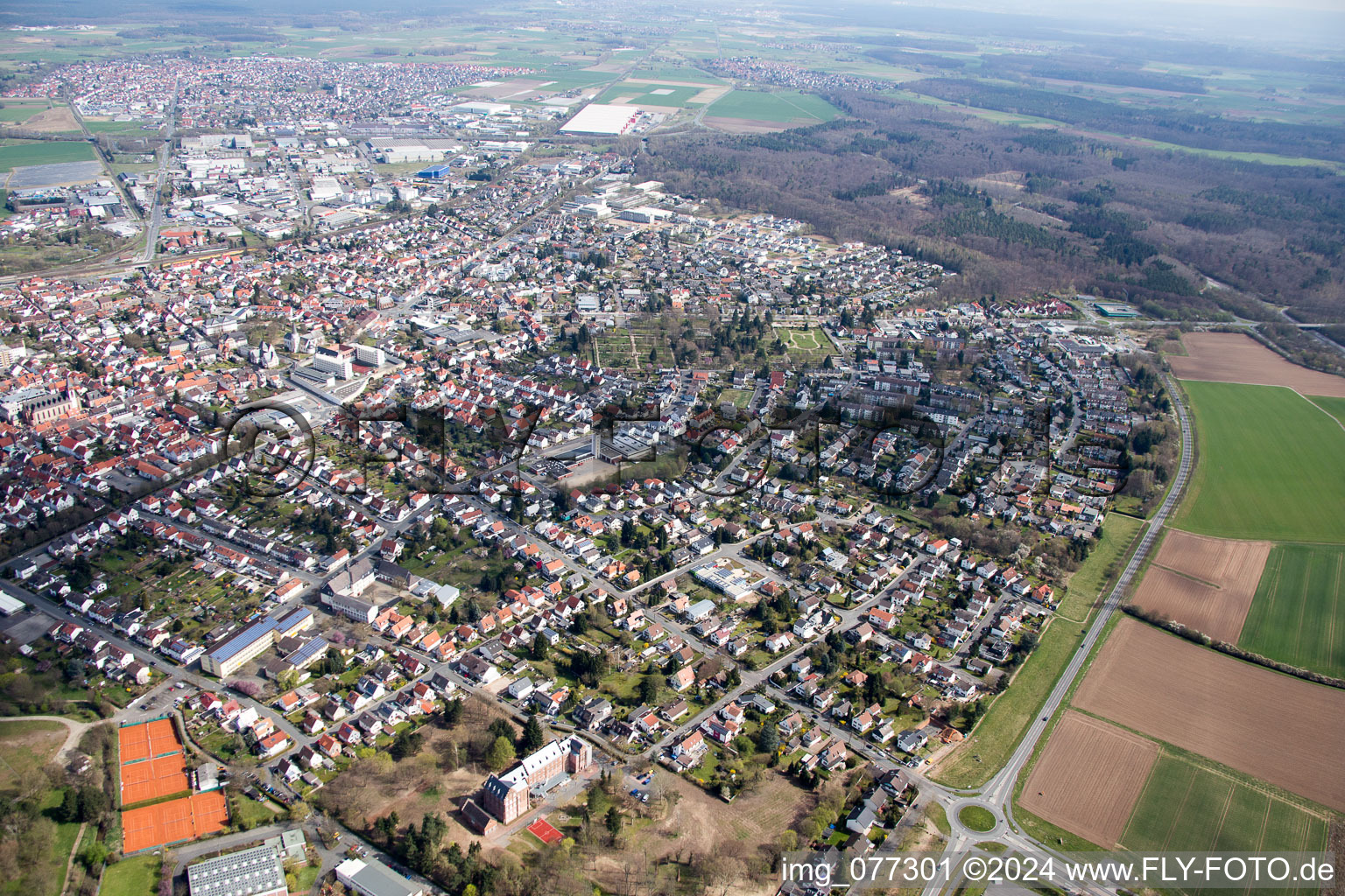 Vue aérienne de Vue des rues et des maisons des quartiers résidentiels à Dieburg dans le département Hesse, Allemagne