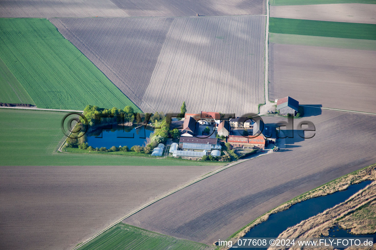 Vue aérienne de Mückenhäuser Hof à le quartier Rheindürkheim in Worms dans le département Rhénanie-Palatinat, Allemagne