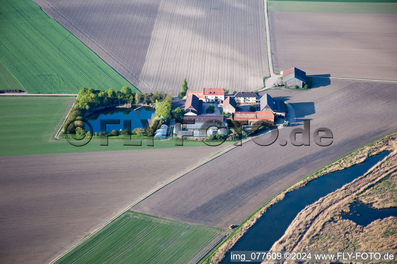 Vue aérienne de Mückenhäuser Hof à le quartier Rheindürkheim in Worms dans le département Rhénanie-Palatinat, Allemagne