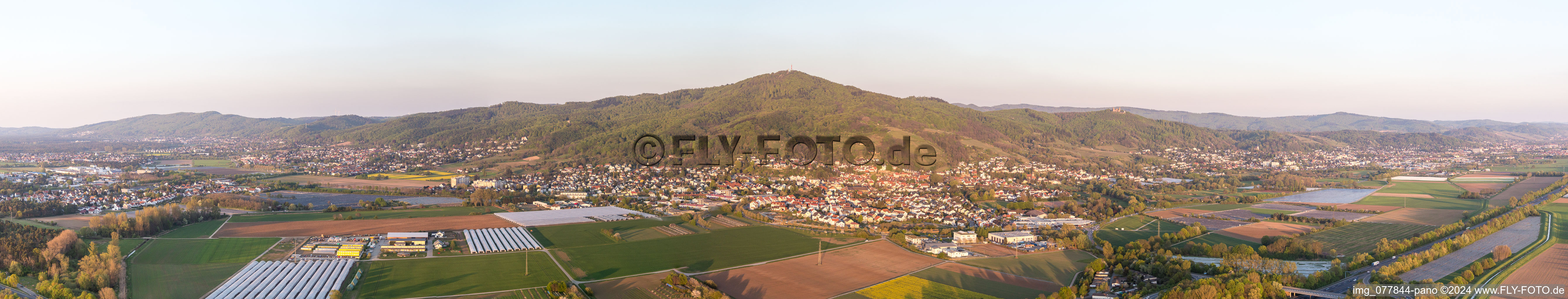 Vue aérienne de Panorama - perspective du paysage forestier et montagneux du Melimbokus au bord de l'Odenwald à Zwingenberg dans le département Hesse, Allemagne