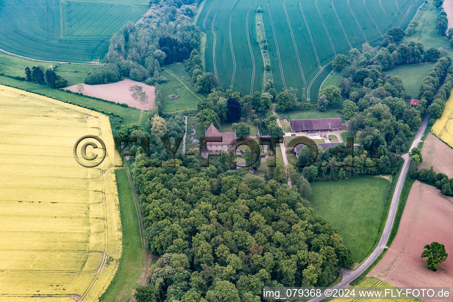 Vue aérienne de Château entouré de douves de Thienhausen à le quartier Rolfzen in Steinheim dans le département Rhénanie du Nord-Westphalie, Allemagne