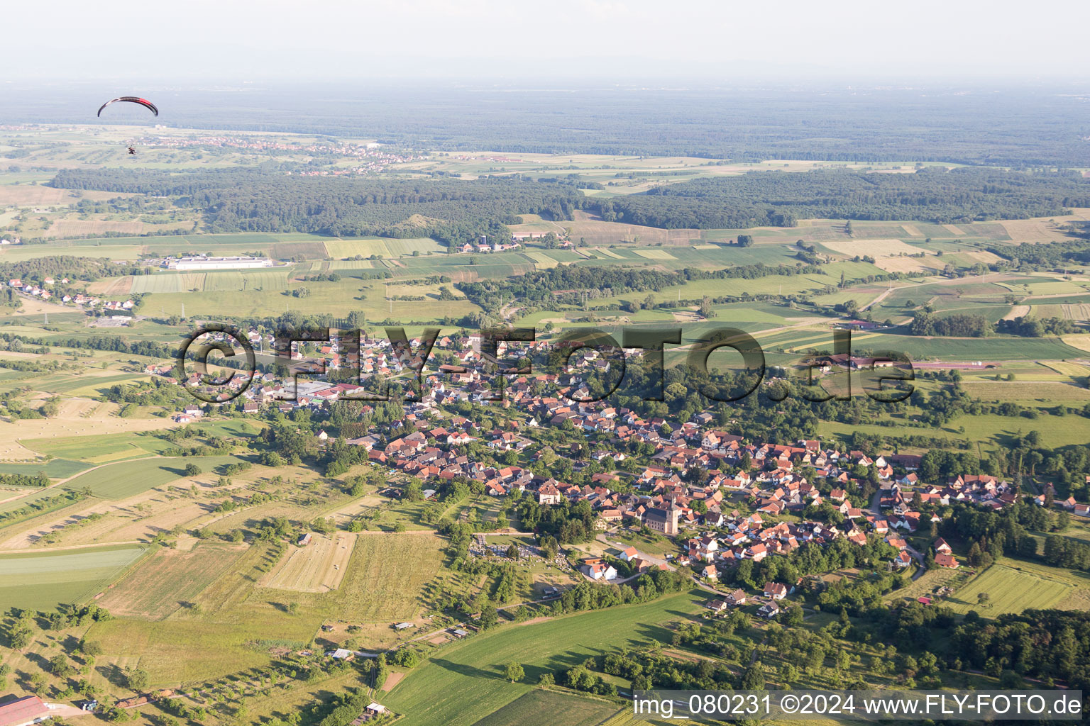 Vue aérienne de Champs agricoles et surfaces utilisables à Preuschdorf dans le département Bas Rhin, France