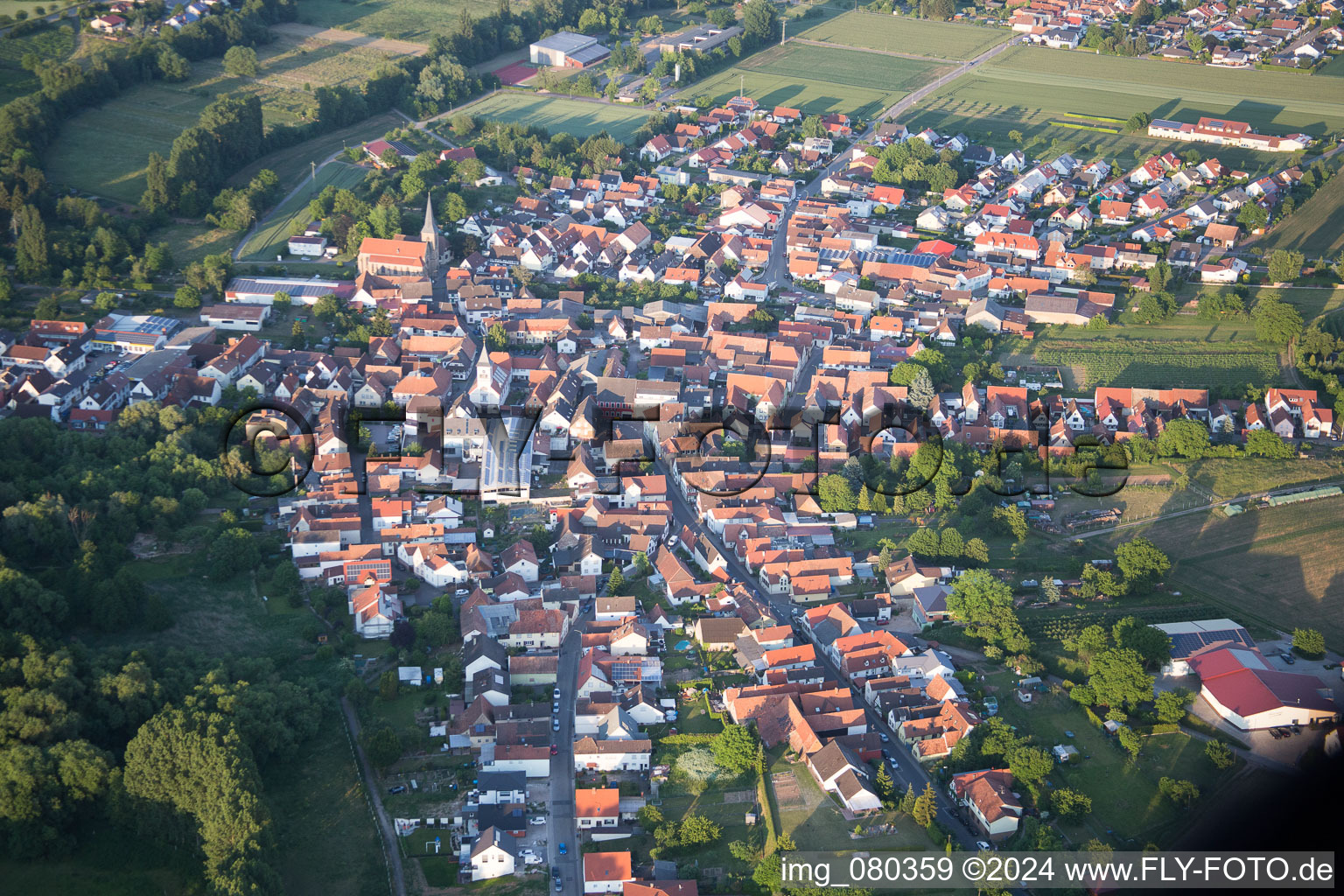 Vue aérienne de Vue des rues et des maisons des quartiers résidentiels à le quartier Billigheim in Billigheim-Ingenheim dans le département Rhénanie-Palatinat, Allemagne