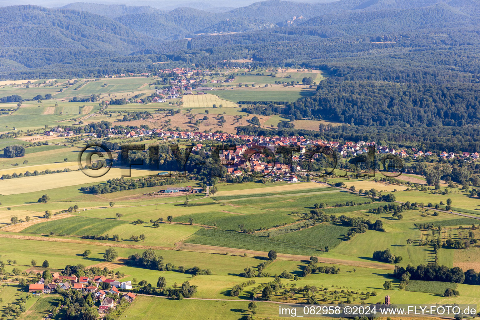 Vue aérienne de Champs agricoles et surfaces utilisables à Frœschwiller dans le département Bas Rhin, France