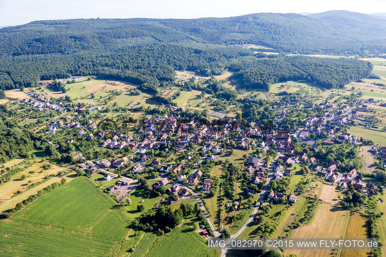 Vue aérienne de Champs agricoles et surfaces utilisables à Lampertsloch dans le département Bas Rhin, France
