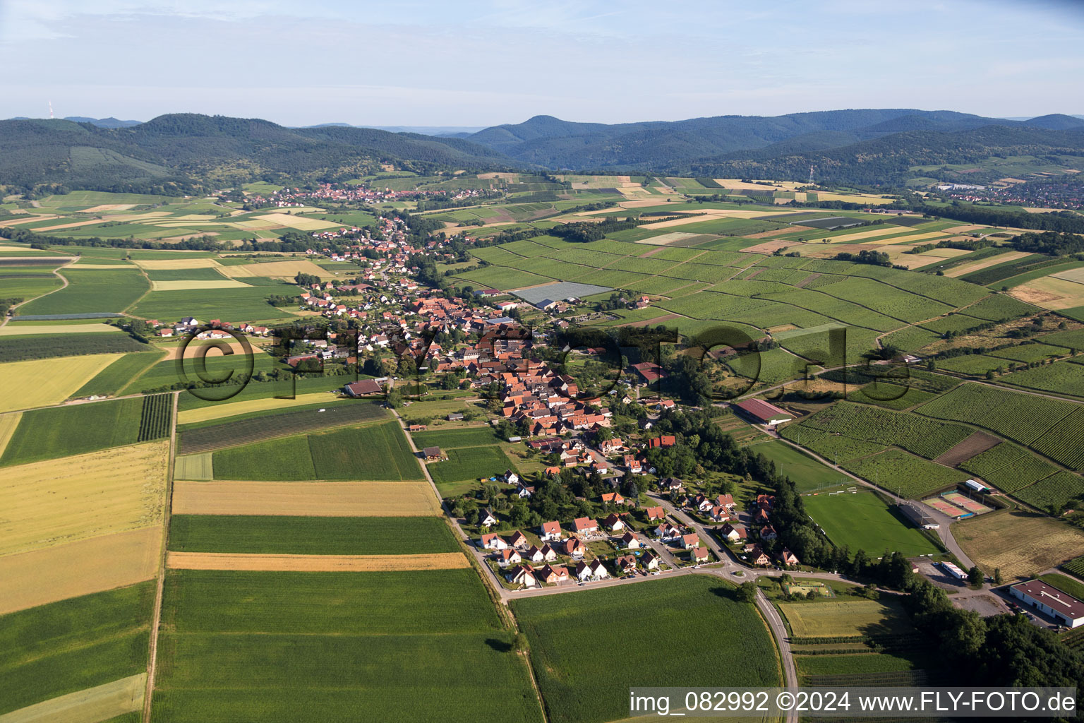 Vue aérienne de Champs agricoles et surfaces utilisables à Steinseltz dans le département Bas Rhin, France