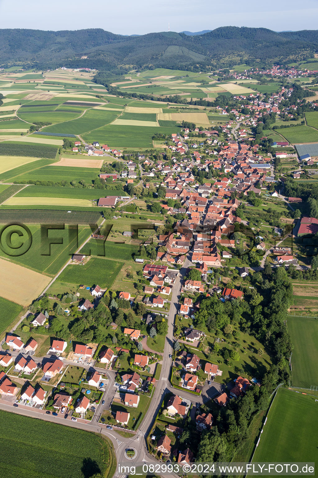 Vue aérienne de Champs agricoles et surfaces utilisables à Steinseltz dans le département Bas Rhin, France