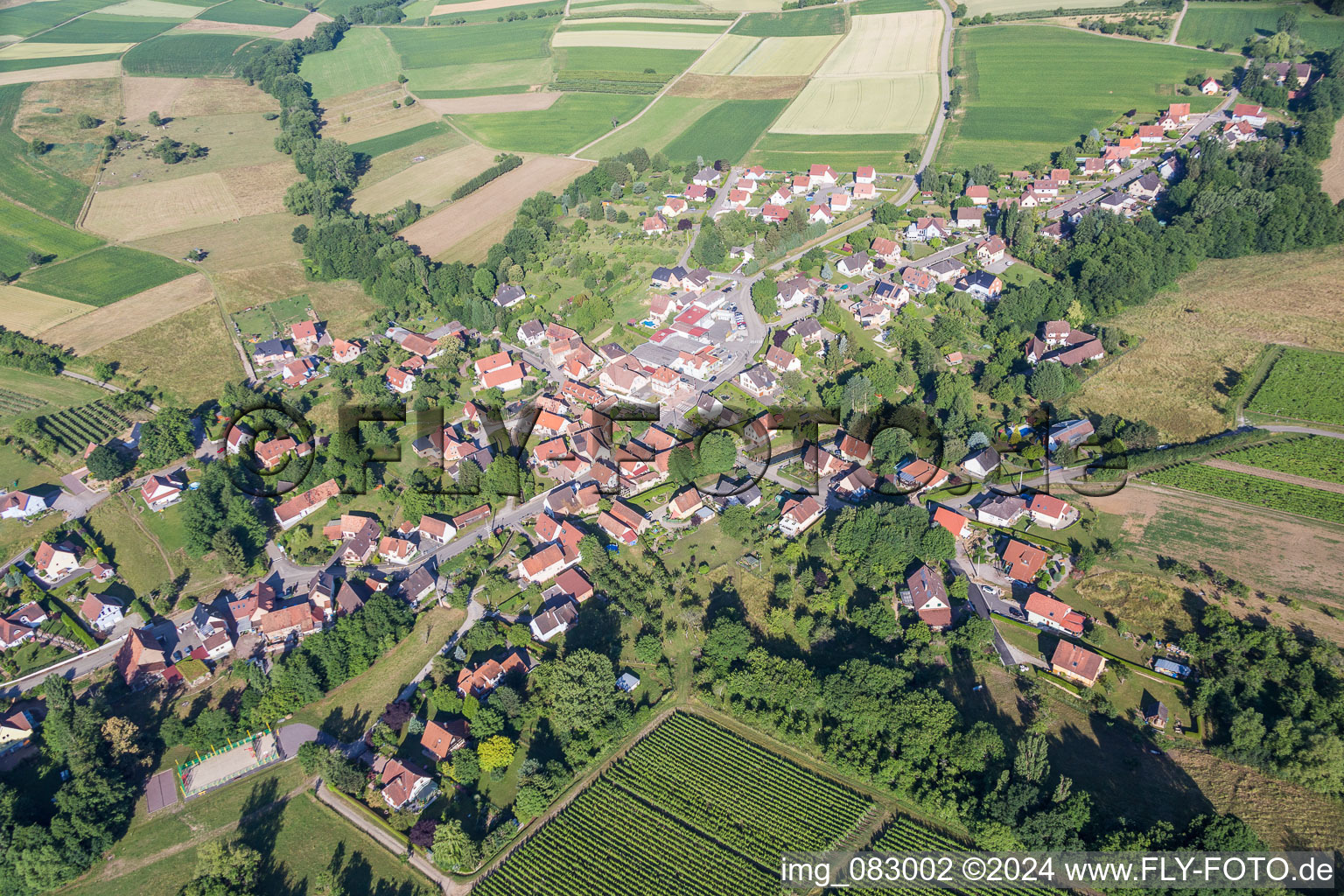 Vue aérienne de Champs agricoles et surfaces utilisables à Oberhoffen-lès-Wissembourg dans le département Bas Rhin, France