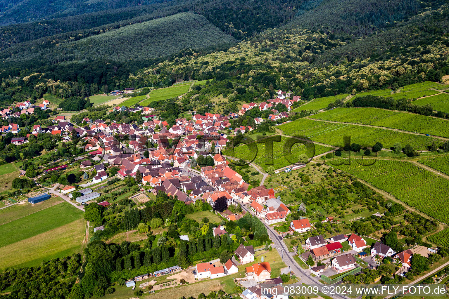 Vue aérienne de Champs agricoles et surfaces utilisables à Rott dans le département Bas Rhin, France