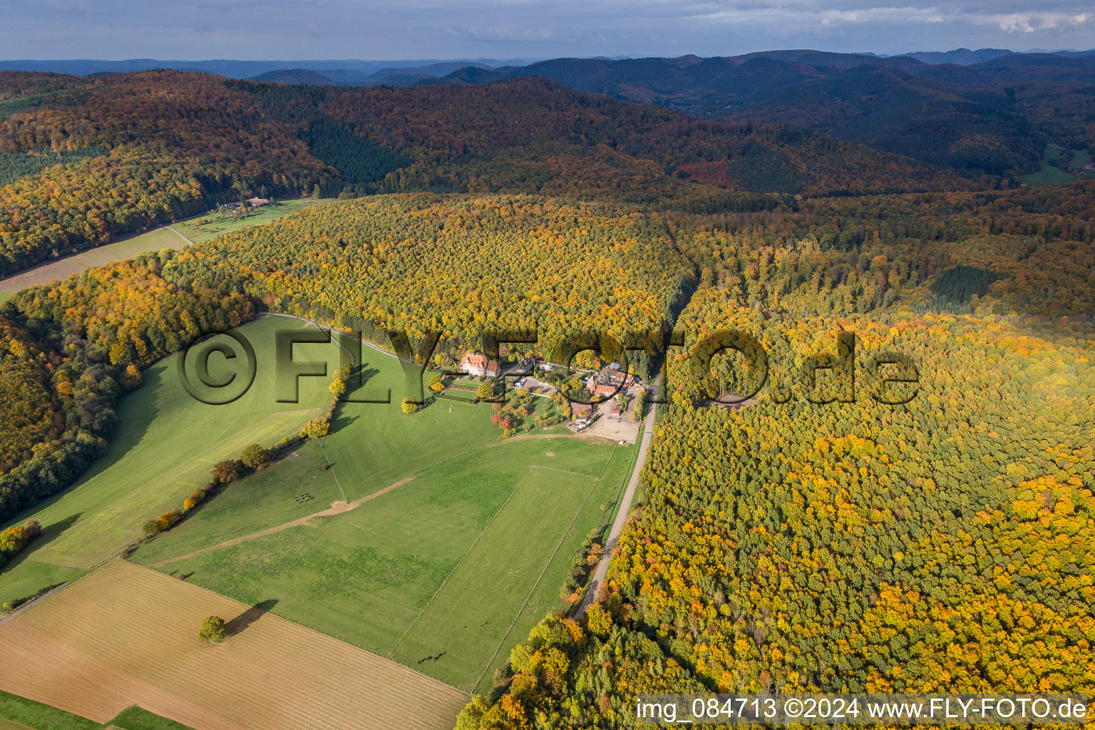 Vue aérienne de Bâtiments et parcs du manoir et du manoir Chambres d'Hôtes Villa le Riesack et la Ferme Mellon en lisière de forêt aux couleurs automnales à Niederbronn-les-Bains dans le département Bas Rhin, France