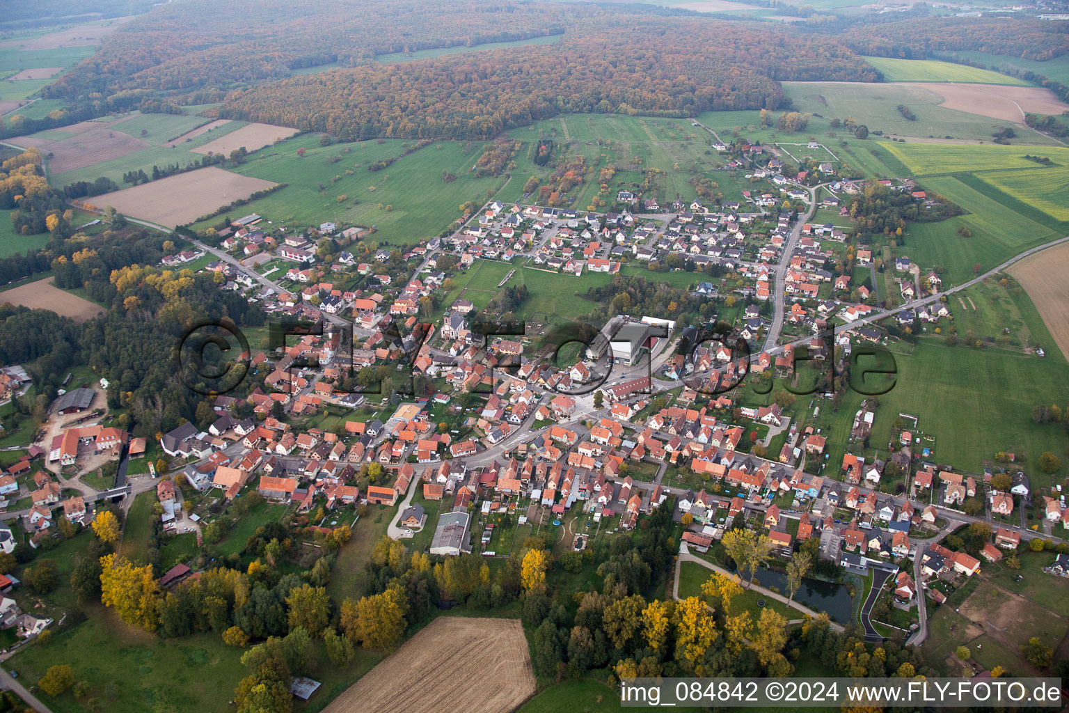 Vue aérienne de Champs agricoles et surfaces utilisables à Gumbrechtshoffen dans le département Bas Rhin, France