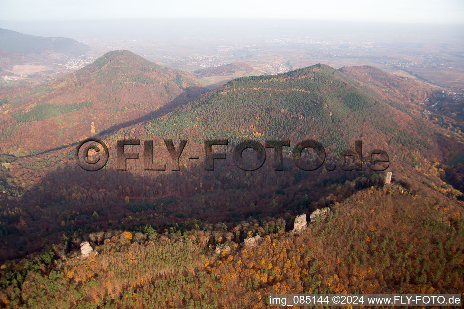 Vue aérienne de Ruines du château Anebos Jungturm et Scharfenberg à Leinsweiler dans le département Rhénanie-Palatinat, Allemagne