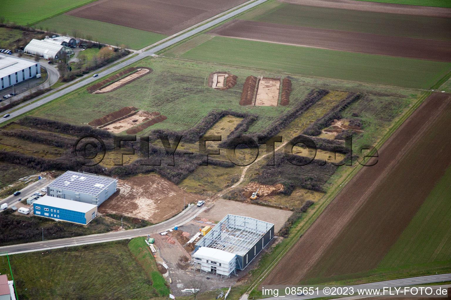 Vue aérienne de Fouilles Zone Industrielle Ouest à le quartier Herxheim in Herxheim bei Landau dans le département Rhénanie-Palatinat, Allemagne