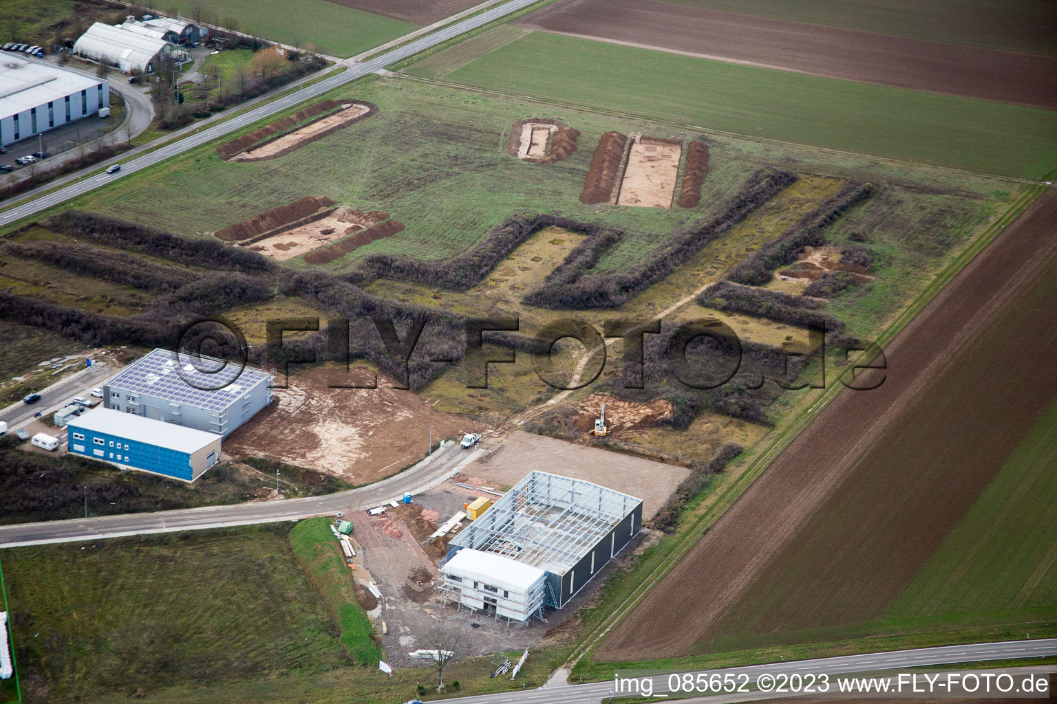 Vue aérienne de Fouilles Zone Industrielle Ouest à le quartier Herxheim in Herxheim bei Landau dans le département Rhénanie-Palatinat, Allemagne